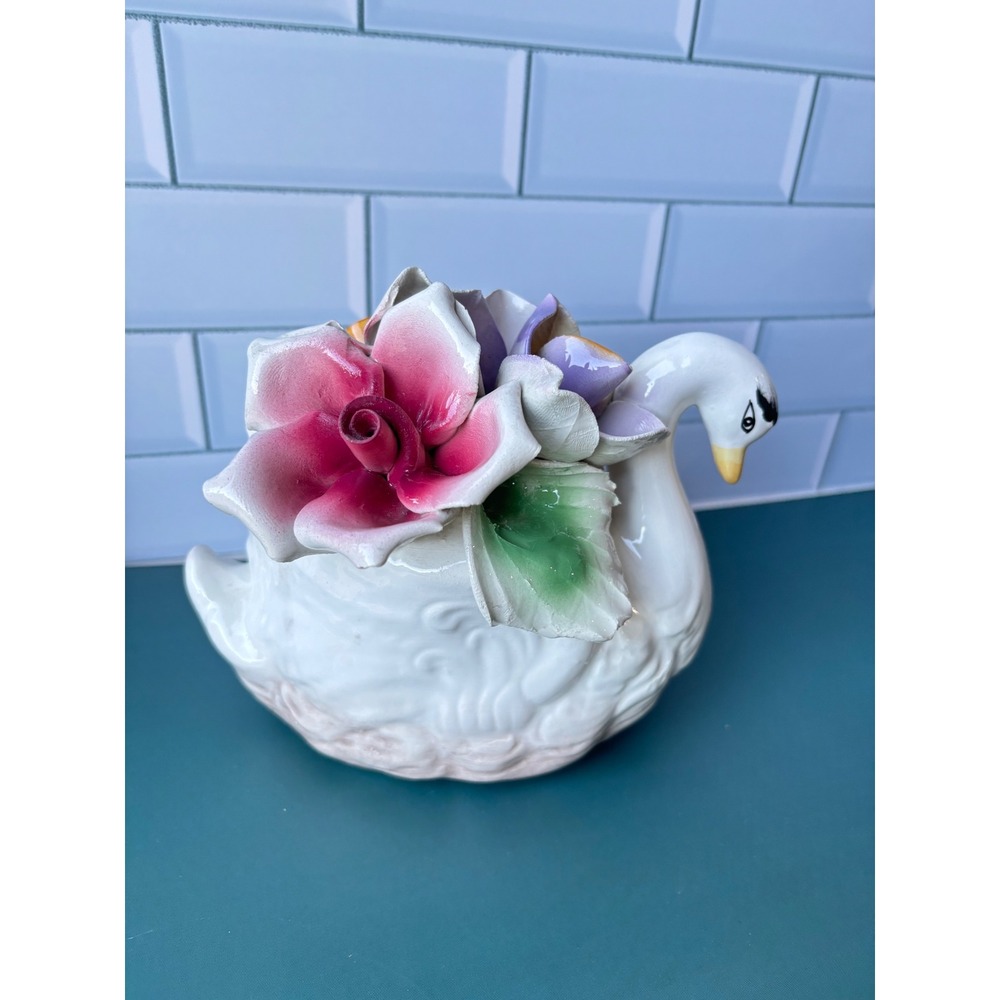 Capodimonte Italy Porcelain Swan Figurine with Flowers Vintage White Ceramic